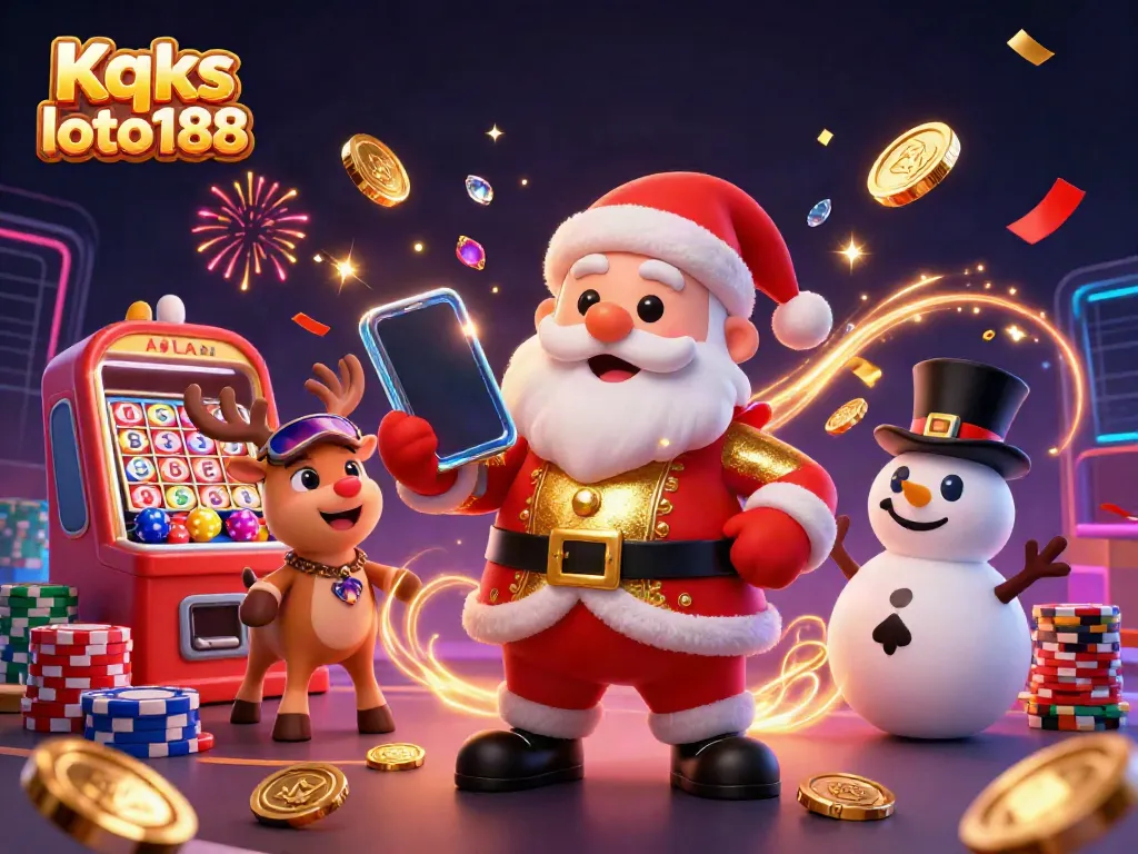 Experience excitement with Kqxs loto188 as Santa reveals jackpot slots amidst flying coins and confetti.