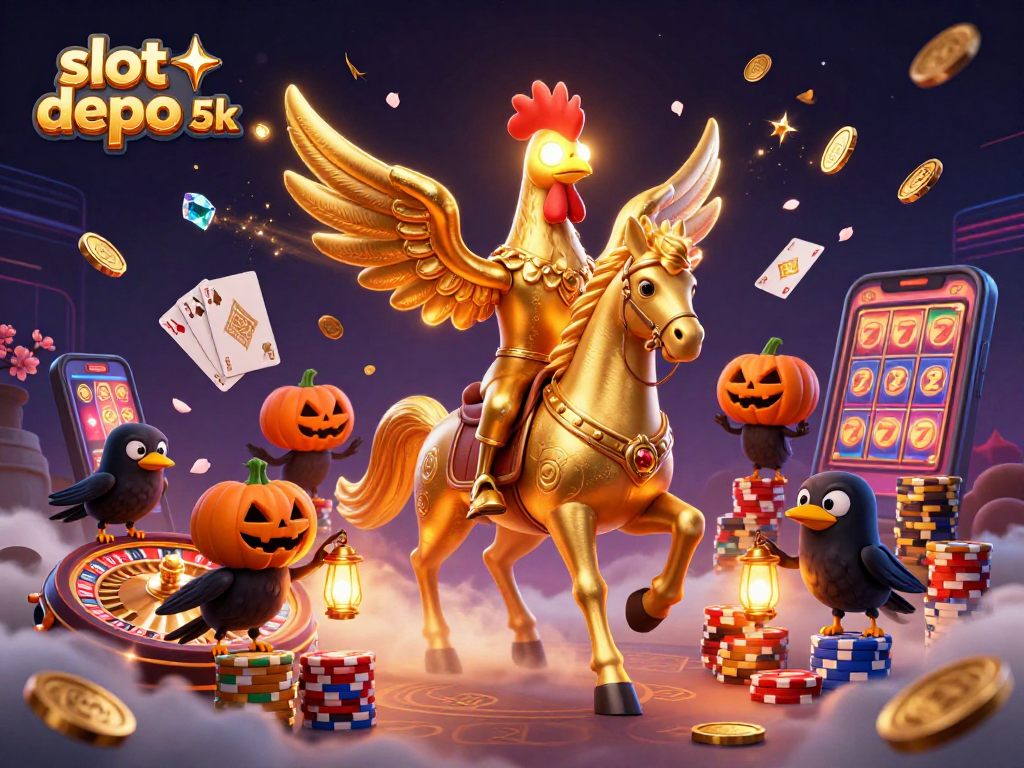 Spin big wins with slot depo 5k as golden rooster rides through a vibrant casino scene.