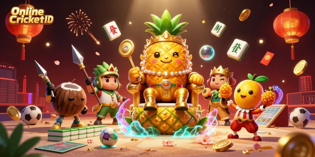 Engage in thrilling action with an Online Cricket ID, featuring a vibrant casino scene with a pineapple king and dynamic gameplay elements.