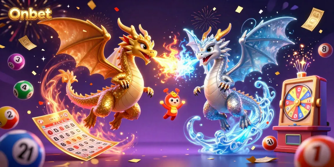 Experience thrilling wins at Onbet with vibrant dragons and casino elements in a dynamic scene.