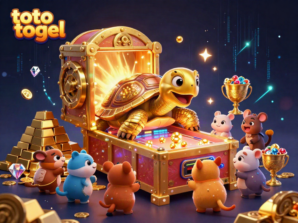 Excited small animals play on a golden tortoise pinball machine surrounded by treasure, embodying the thrill of toto togel.