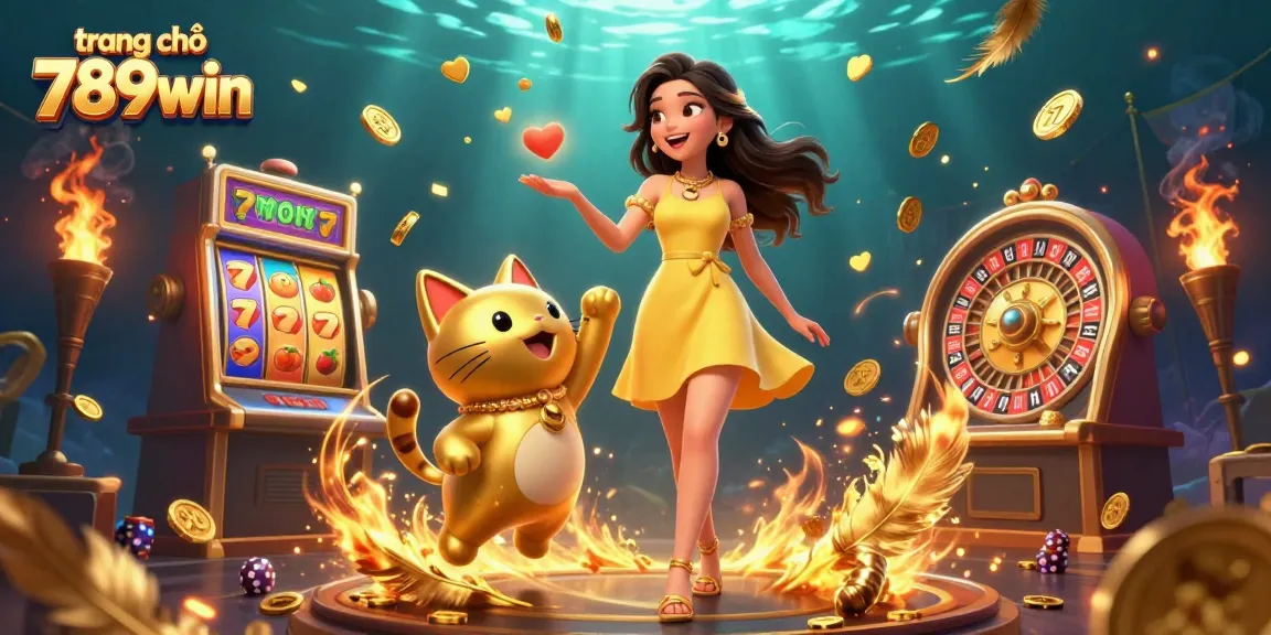 Experience the excitement of trang chủ 789win with a cheerful illustration of a woman and a lucky cat mascot amidst vibrant casino elements.
