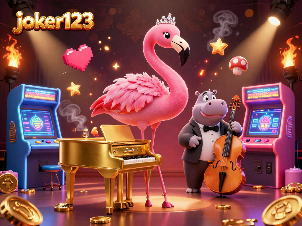 Gambaran menarik joker123 dengan flamingo penyanyi di kasino dan permainan arcade 3D yang memukau.