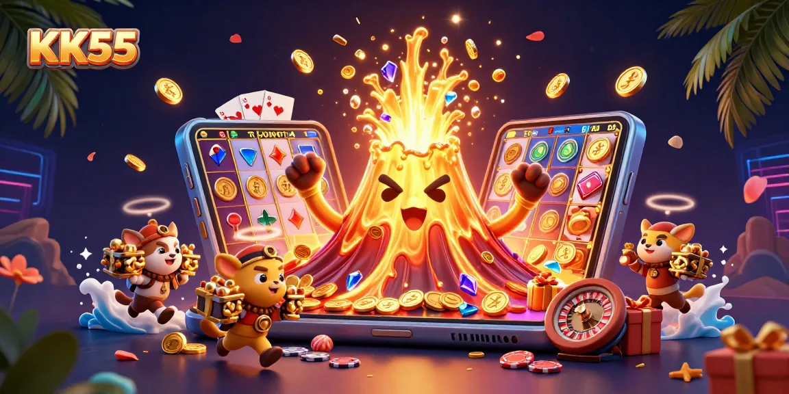 Spinning the reels at KK55 for golden treasures with a vibrant volcanic backdrop