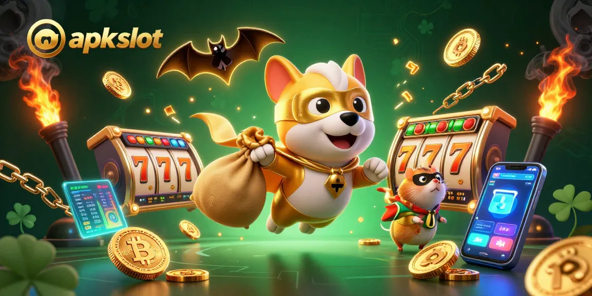 Jadikan apk slot lebih menarik dengan ilustrasi 3D yang menggambarkan anjing superhero terbang dengan koin emas dan hamster di punggungnya.