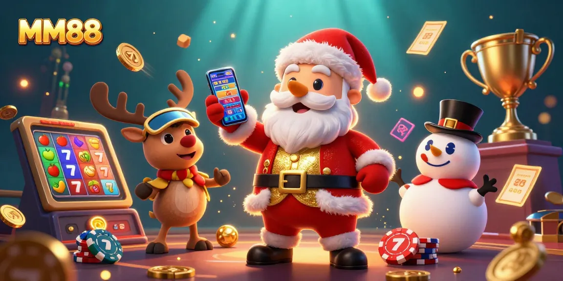 Win exciting jackpots at MM88 with cartoon Santa and friends in a vibrant casino scene.