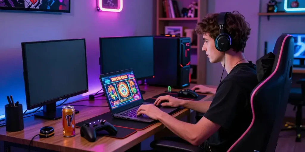 Pengalaman bermain slot online yang seru dengan perangkat modern dan nuansa ruang gaming yang dinamis.