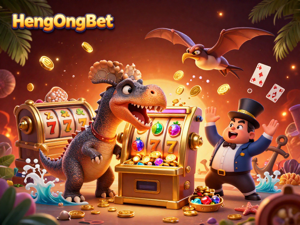 Experience HengOngBet as dinosaurs bring the jackpot to life in this vibrant 3D casino illustration.