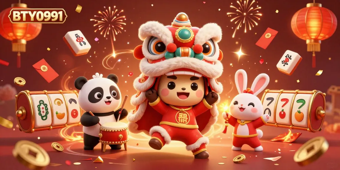 Engage with the festive BTY0991 scene featuring a lion dance with slot reels and casino elements.