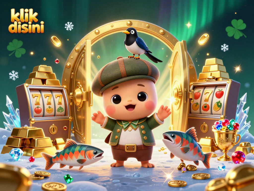Experience thrilling wins at klik disini with spinning slot machines and playful characters in a vibrant casino scene.