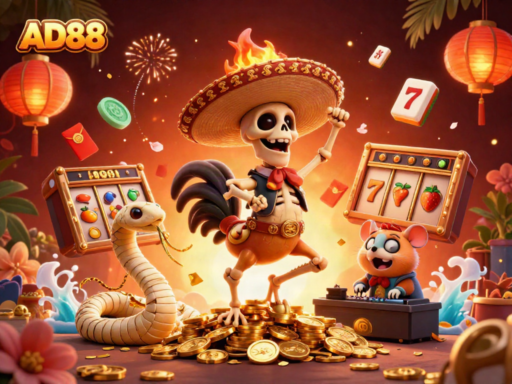 AD88 showcases a lively casino scene with a mariachi rooster celebrating amidst vibrant slot symbols.