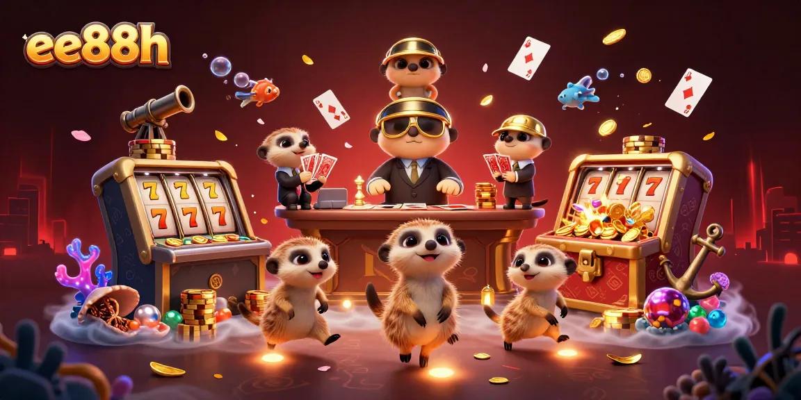 Experience ee88h at a lively casino run by meerkats, highlighting vibrant slot games and immersive graphics.