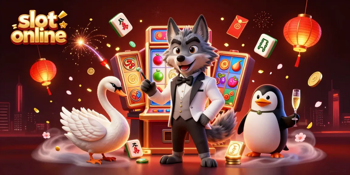 Slot online dengan mesin slot berwarna-warni dan simbol keberuntungan dalam ilustrasi kasino yang megah.