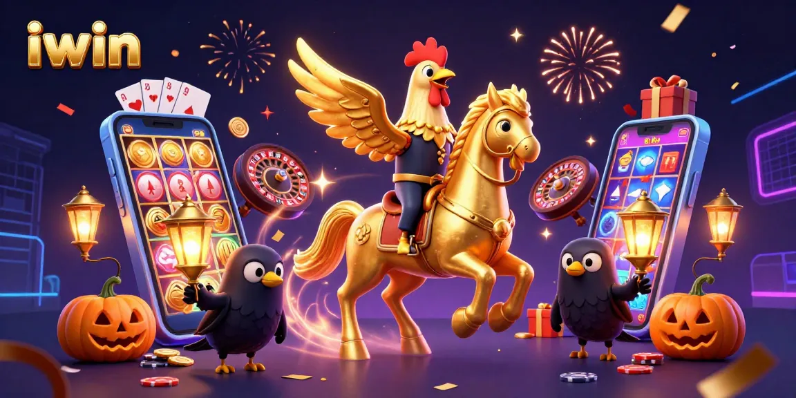 iwin features a vibrant casino scene with a golden rooster and luminous game elements.
