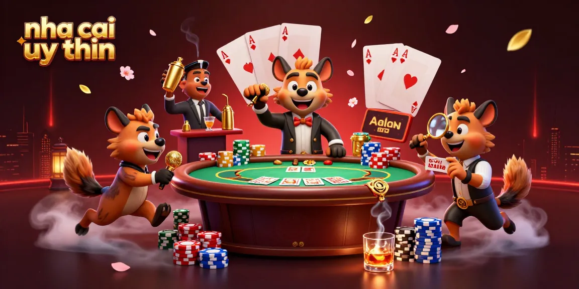Engage with top nha cai uy tin in a vibrant 3D casino scene featuring hyenas and poker elements.