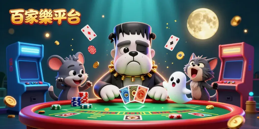Experience the thrilling world of 百家樂平台 with a vibrant illustration showcasing a 3D bulldog monster dealing cards, arcade elements, and dynamic energy.