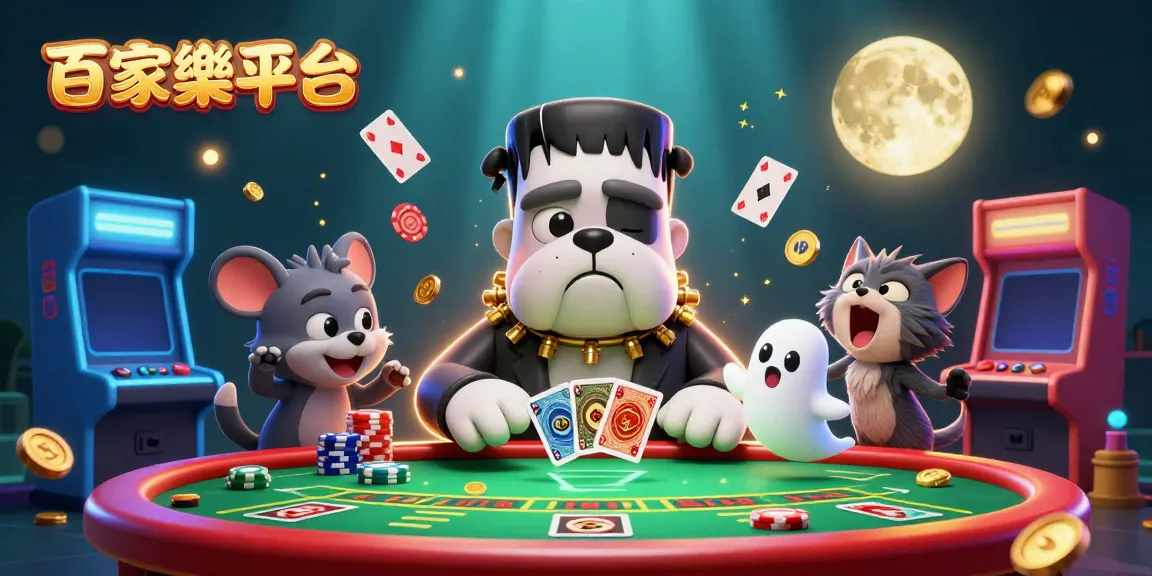 Experience the thrilling world of 百家樂平台 with a vibrant illustration showcasing a 3D bulldog monster dealing cards, arcade elements, and dynamic energy.