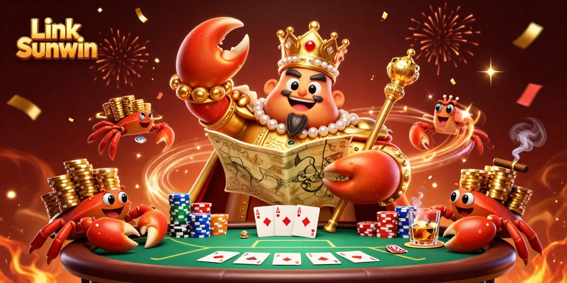 Experience the thrill of gaming with Link Sunwin, featuring a golden crab emperor amidst vibrant poker elements.