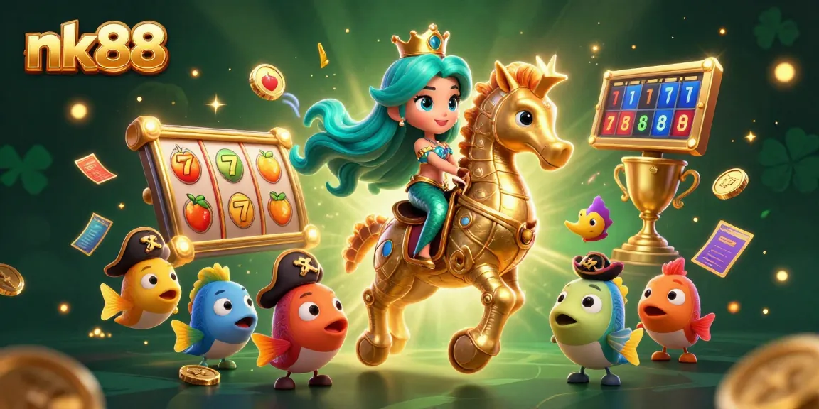 Experience the thrill of gaming with nk88 illustrated by a colorful mermaid riding a seahorse amid slot machines.