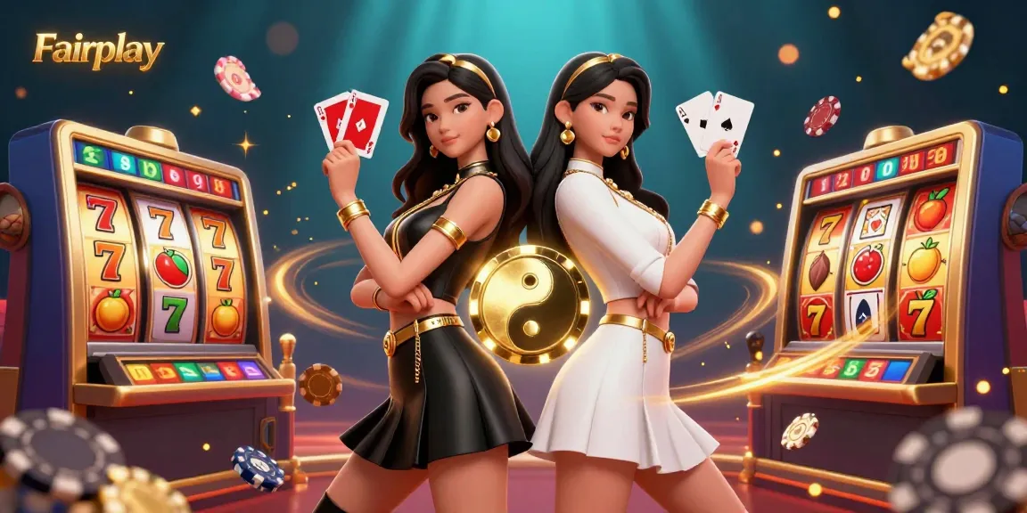 Engage with Fairplay in this dynamic 3D illustration showcasing casino-themed twin Asian women holding playing cards, surrounded by jackpot elements.