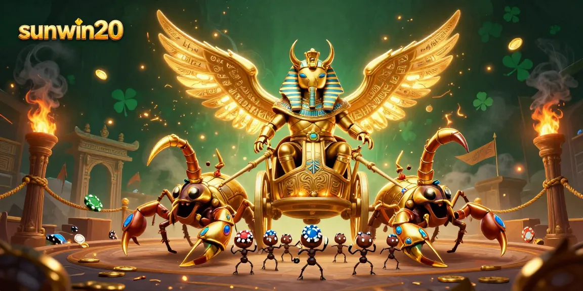 Experience thrilling wins with sunwin20 as a golden scarab beetle leads the chariot in a dazzling casino scene.