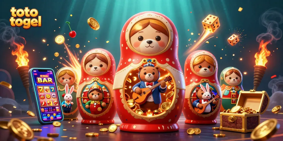 Play toto togel with immersive visuals featuring 3D Matryoshka bears and slot machine excitement.