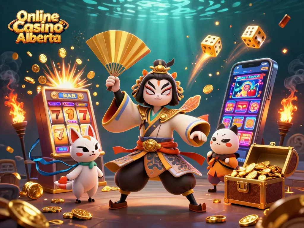 Experience thrilling gameplay at Online Casino Alberta with vibrant characters and casino elements bursting from a slot machine.