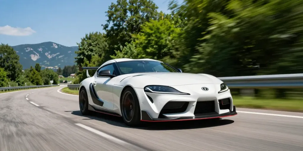 Modified A80 platform Toyota Supra racing on a mountain road