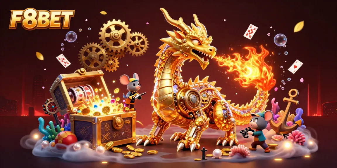 Engage with F8BET's thrilling casino experience featuring a golden dragon and vibrant game elements.