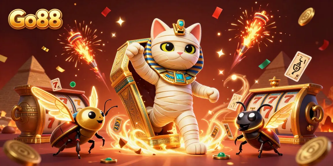 Engage with thrilling Go88 adventures in a vibrant pyramid casino setting featuring an animated mummy cat.