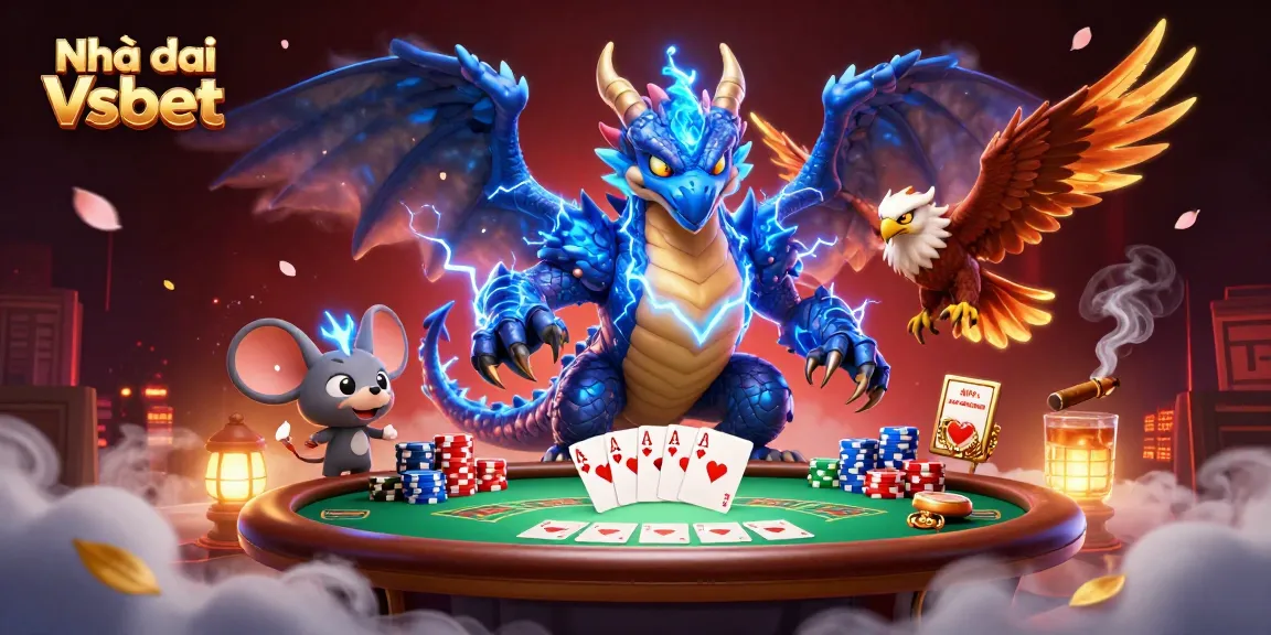 Play exciting games at Nhà cái Vsbet featuring a dynamic thunder dragon and poker elements.