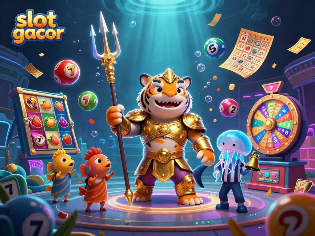 Menggenggam slot gacor, hiu kartun ganas mengenakan baju zirah gladiator emas di colosseum bawah laut, dikelilingi bola lotere berwarna.