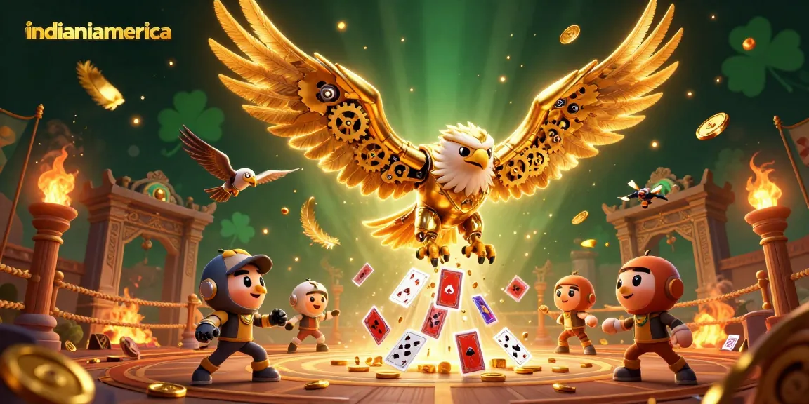 Engage in the vibrant world of indianiamerica with a golden eagle soaring through holographic casino cards.