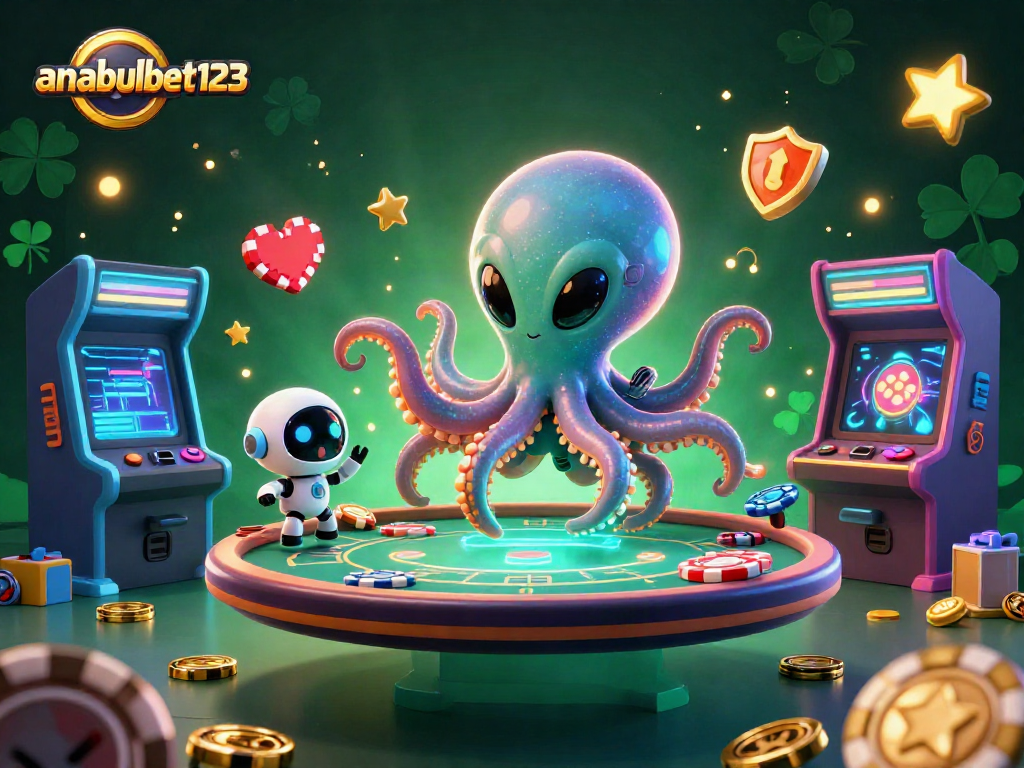 Gimkan diri Anda dengan anabulbet123 di meja poker holografis dengan karakter luar angkasa dan robot di lingkungan kasino.