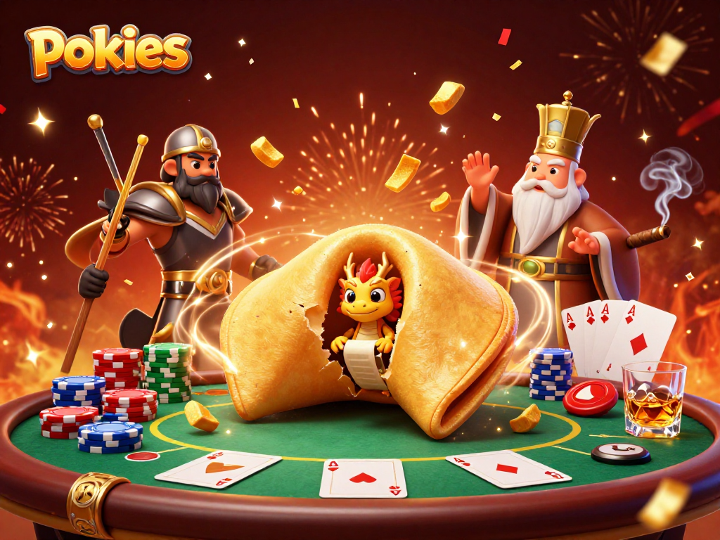 Experience thrilling pokies action with a wise dragon and fortune cookie amid vibrant casino elements.
