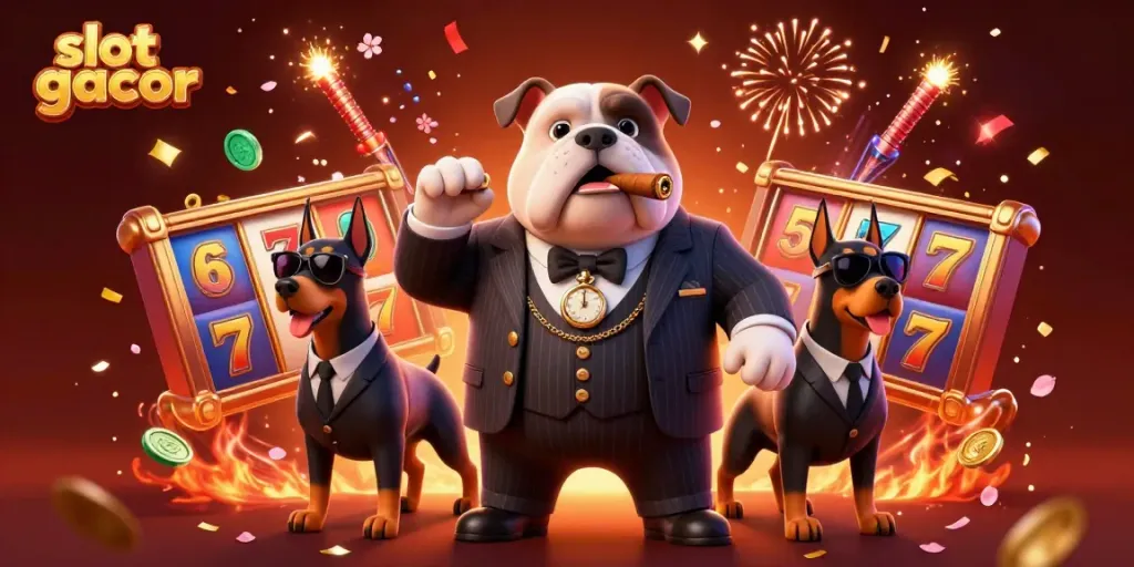 Permainan slot gacor dengan bulldog mafia dan dua bodyguard Dodberman, penuh energi dan detail