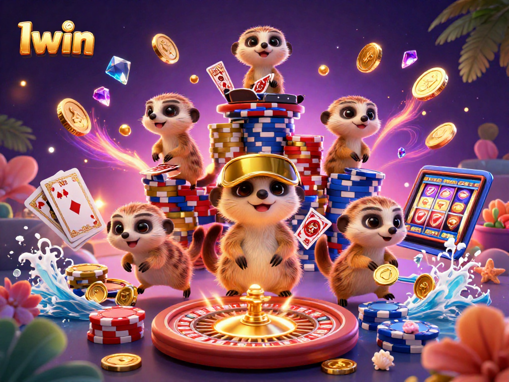 Iwin casino scene with meerkats running games, showcasing vibrant slots and roulette action
