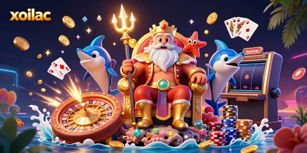 Xoilac showcases a vibrant 3D casino scene with Neptune, coins, and a roulette wheel.