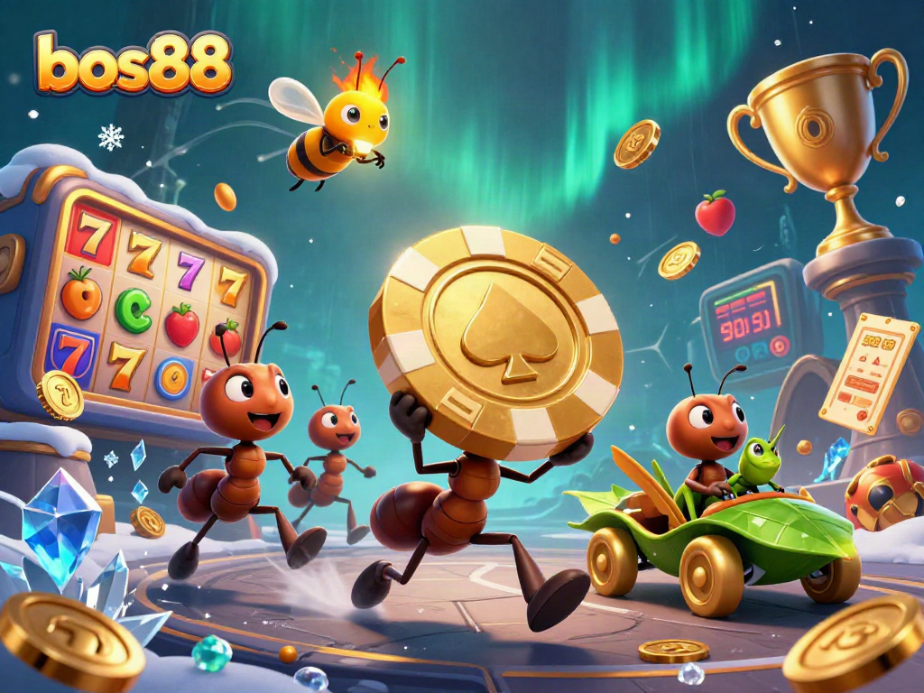 Engage in thrilling gameplay at bos88 with ants on a heist carrying a massive poker chip amid vibrant slot symbols.