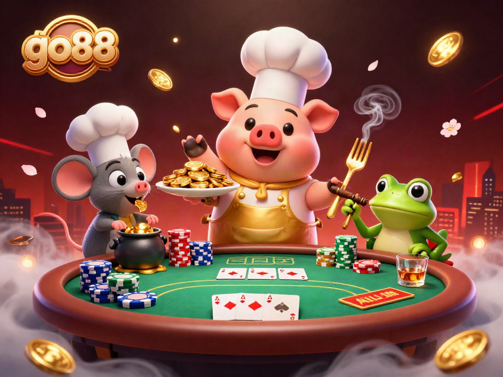 Experience go88's vibrant casino atmosphere with gold coins, gamblers, and dynamic gaming elements.