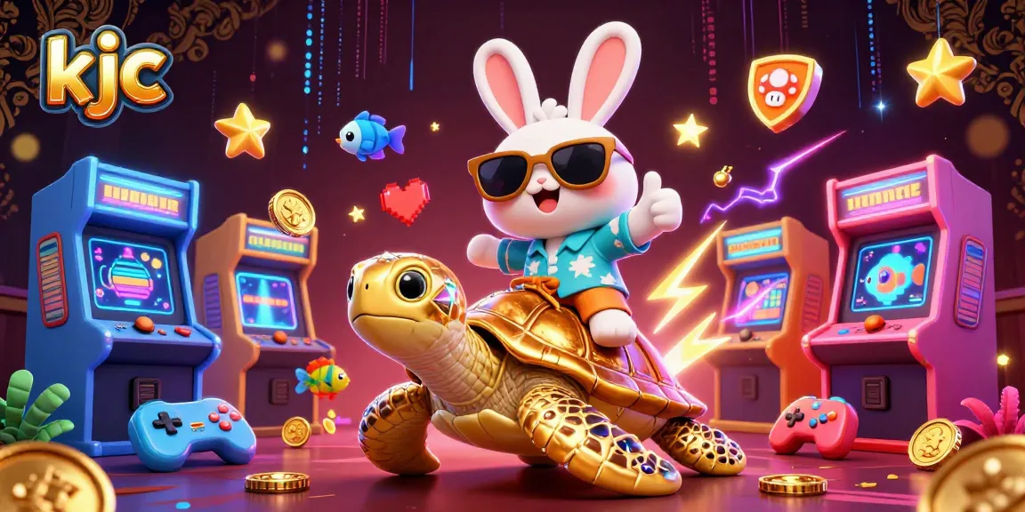 Experience the vibrant world of KJC as the lucky rabbit rides the golden sea turtle in a lively casino atmosphere.