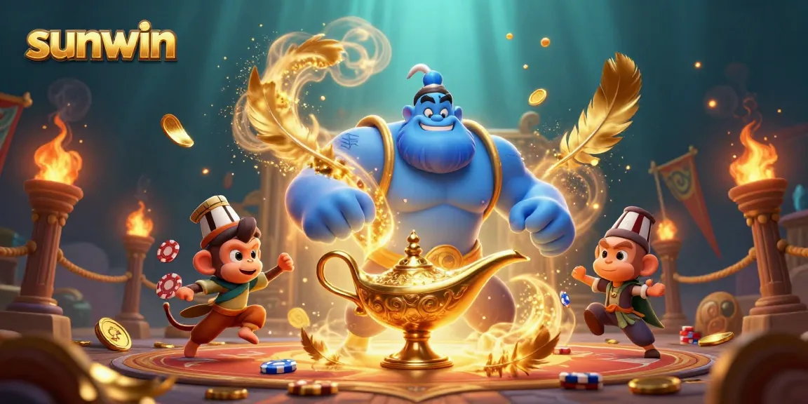 Experience thrilling gaming at sunwin with a genie and monkey in a vibrant casino illustration.