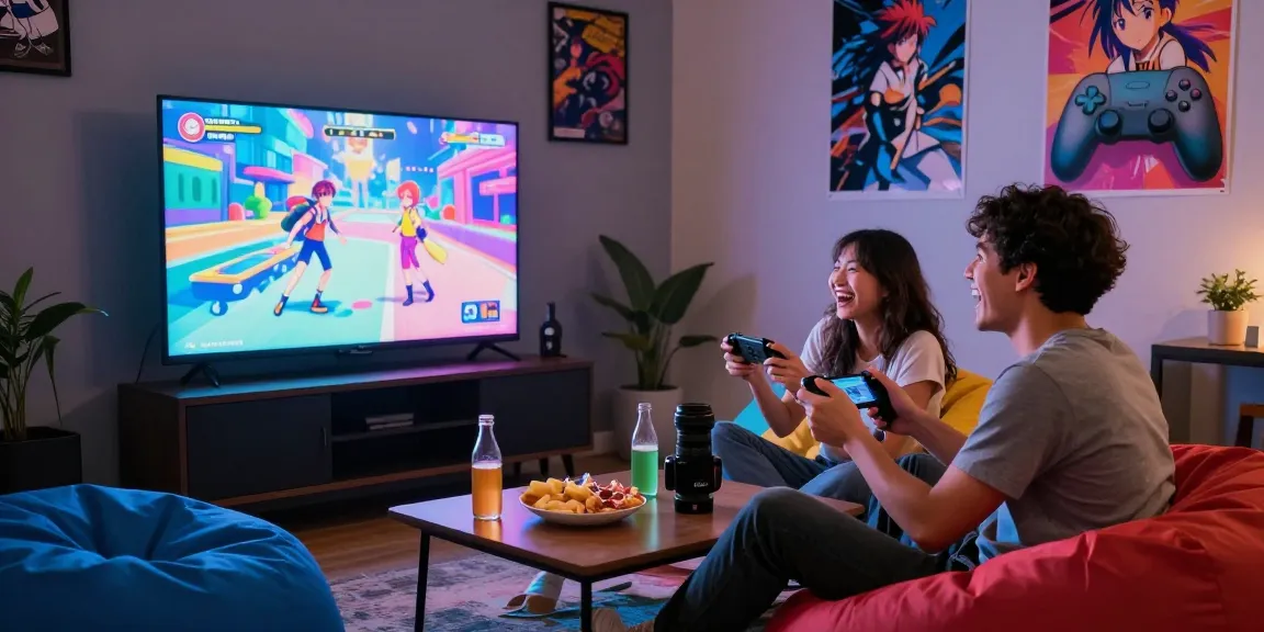 Friends enjoying popular hentai games in a cozy gaming room filled with colorful decor and snacks.