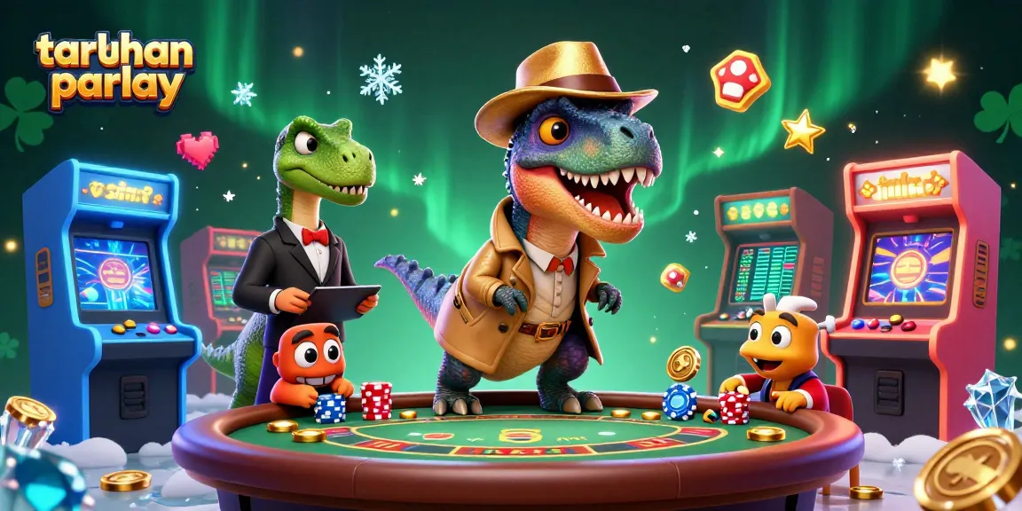 Menangkan taruhan parlay sambil menikmati suasana kasino yang meriah dengan karakter dinosaurus unik.