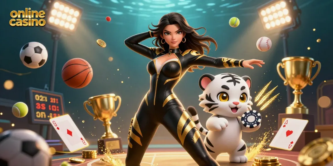 Experience a vibrant online casino scene with a glamorous woman, baby tiger, and thrilling game elements.