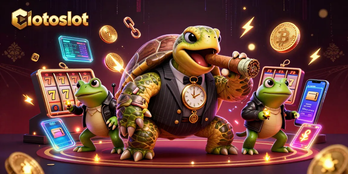 Totoslot showcases a lively casino scene featuring a cartoon turtle in a suit, flanked by bullfrogs, amidst colorful slot symbols.