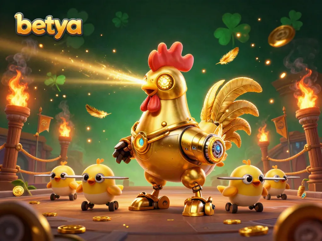 Engage with betya and experience thrilling horse racing with a dynamic 3D robot rooster illustration.