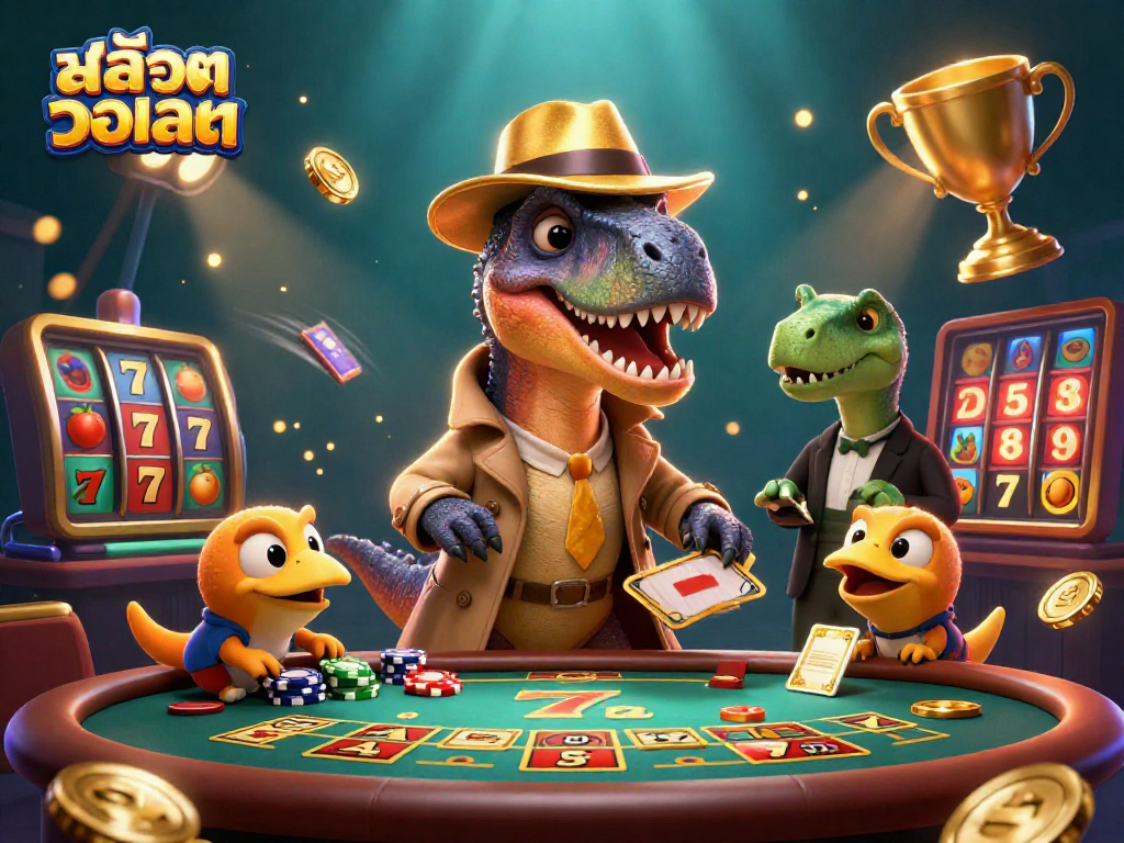 Spin the slot reels with สล็อตวอเลท while a velociraptor card counter and a suspicious pit boss interact at a lively casino scene.