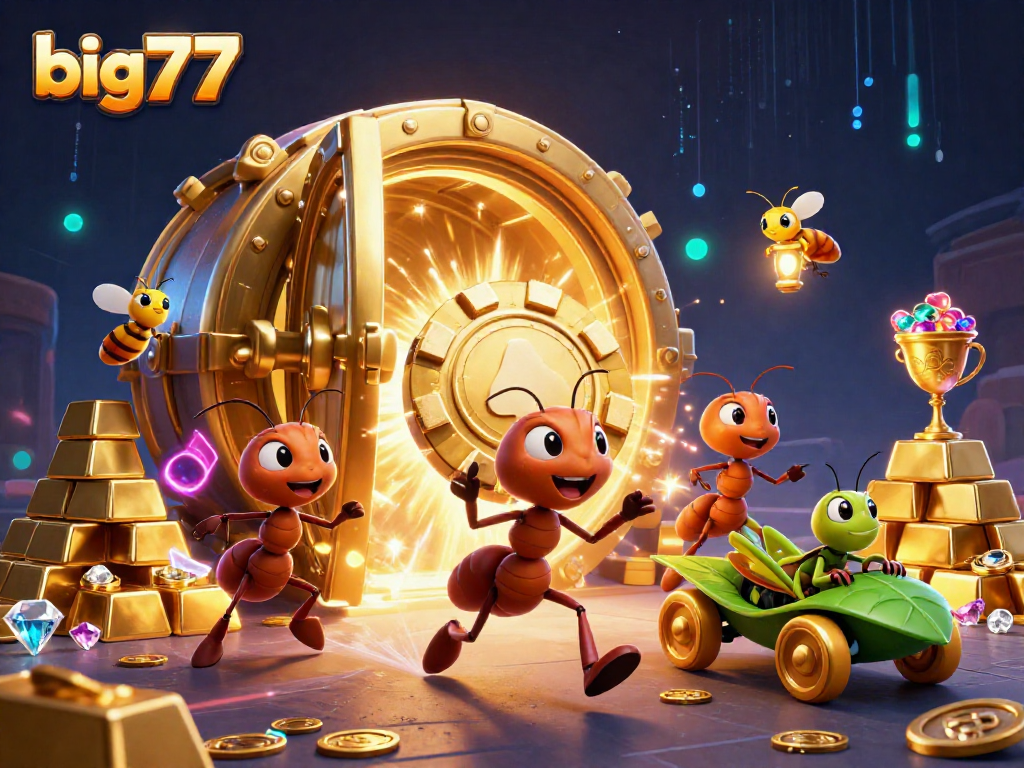 big777 showcases a whimsical heist scene with animated ants, poker chip heist through a vibrant tunnel.