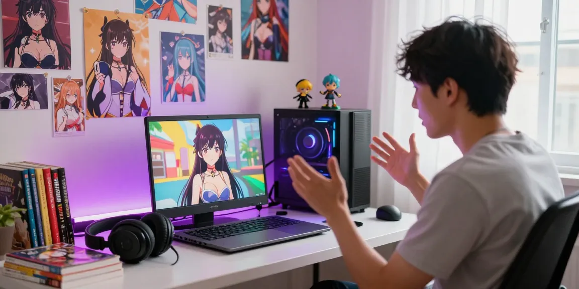 User engaging in a vibrant hentai chat with an anime character in a colorful bedroom.